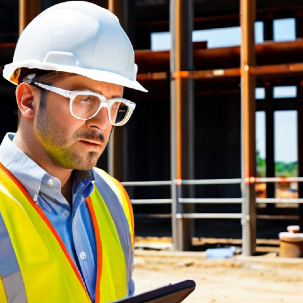 A construction site safety professional, mid-career, confidently inspecting a site. He's wearing appropriate PPE (hard hat, safety vest, safety glasses). The background shows a busy construction site with workers actively engaged in various tasks. The overall mood should be one of competence and proactivity. Focus on conveying his "sixth sense" for potential hazards.