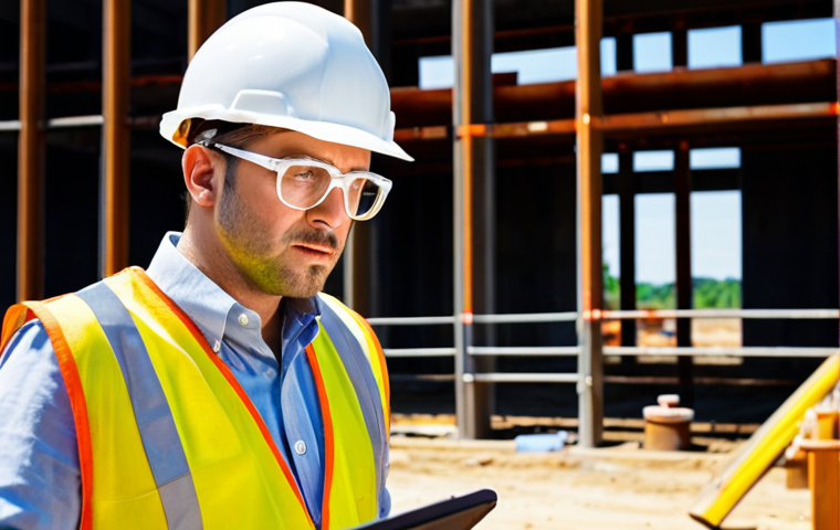 A construction site safety professional, mid-career, confidently inspecting a site. He's wearing appropriate PPE (hard hat, safety vest, safety glasses). The background shows a busy construction site with workers actively engaged in various tasks. The overall mood should be one of competence and proactivity. Focus on conveying his "sixth sense" for potential hazards.