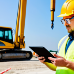 A professional male construction safety manager in a clean, reflective safety vest, hard hat, safety glasses, and sturdy work boots over professional workwear, holding a tablet and observing an organized, active modern construction site. Heavy machinery is visible in the background, but not the primary focus. Bright, clear daylight. Perfect anatomy, correct proportions, natural pose, well-formed hands, proper finger count, natural body proportions, safe for work, appropriate content, fully clothed, professional photography, high quality, realistic, modest clothing, appropriate attire, professional dress.