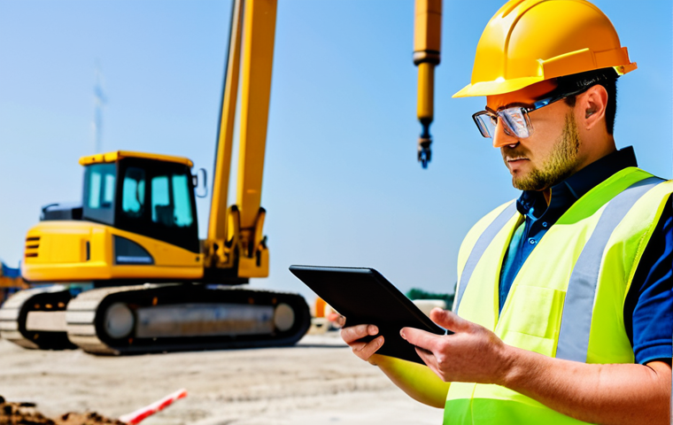 A professional male construction safety manager in a clean, reflective safety vest, hard hat, safety glasses, and sturdy work boots over professional workwear, holding a tablet and observing an organized, active modern construction site. Heavy machinery is visible in the background, but not the primary focus. Bright, clear daylight. Perfect anatomy, correct proportions, natural pose, well-formed hands, proper finger count, natural body proportions, safe for work, appropriate content, fully clothed, professional photography, high quality, realistic, modest clothing, appropriate attire, professional dress.