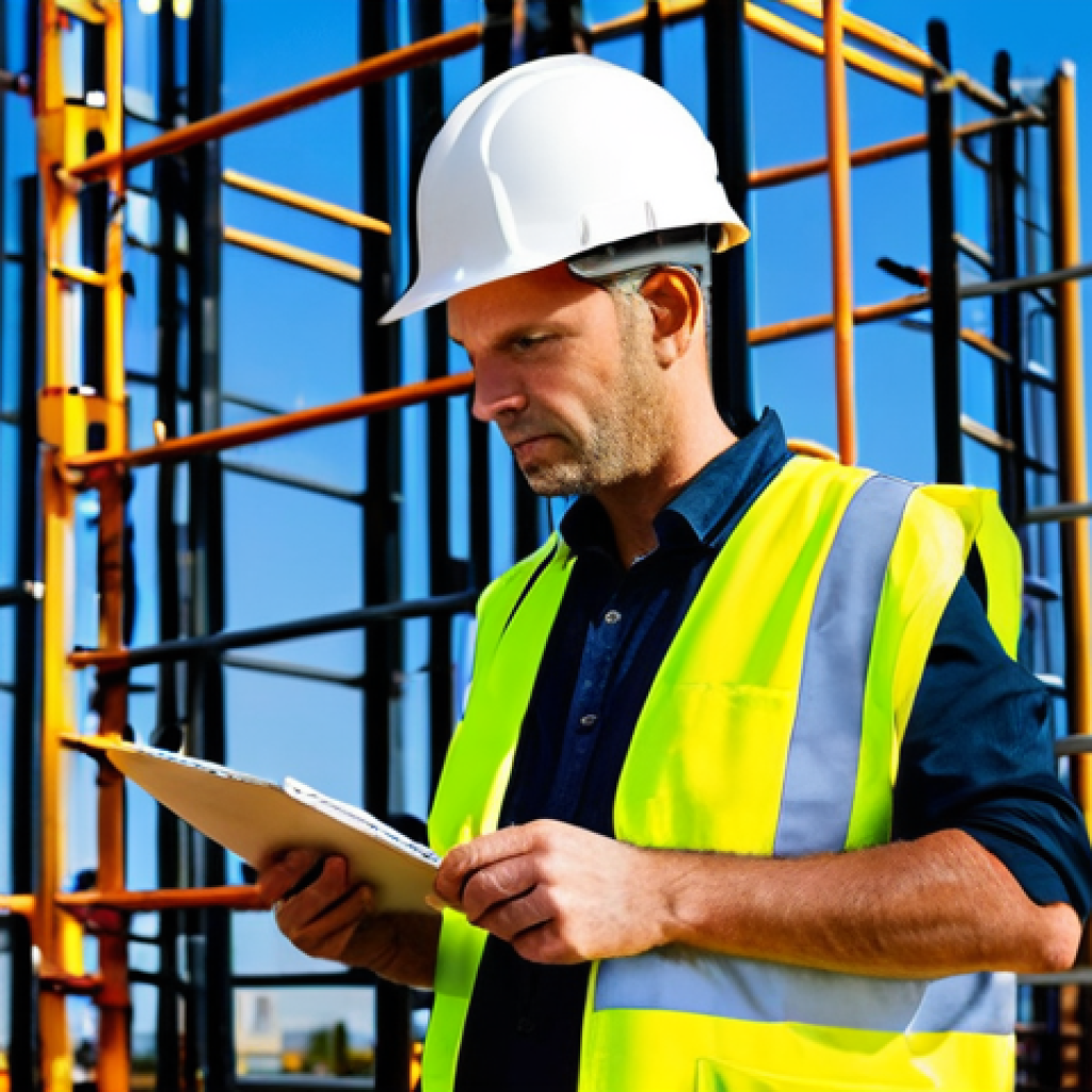 Construction Site Safety Manager**

"A construction site safety manager, fully clothed in a high-visibility vest and hard hat, inspecting scaffolding on a construction site. Background shows construction workers and heavy machinery. Natural pose, perfect anatomy, well-formed hands, proper finger count. Safe for work, appropriate content, professional, modest, fully clothed, high quality."

**
