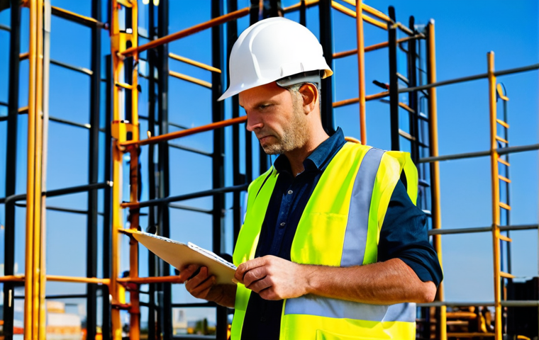Construction Site Safety Manager**
"A construction site safety manager, fully clothed in a high-visibility vest and hard hat, inspecting scaffolding on a construction site. Background shows construction workers and heavy machinery. Natural pose, perfect anatomy, well-formed hands, proper finger count. Safe for work, appropriate content, professional, modest, fully clothed, high quality."
**
