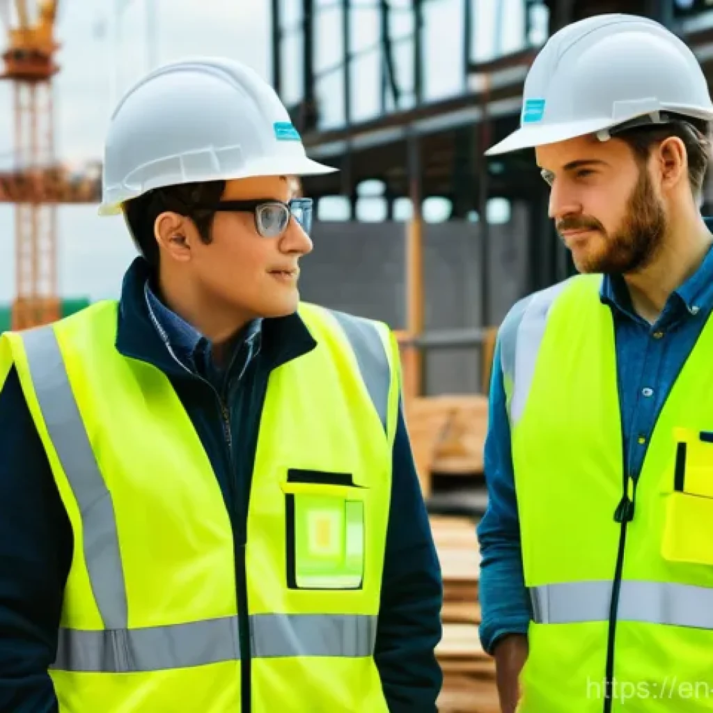 건설안전 실무자를 위한 신기술 도입 사례 - **Prompt: "A diverse team of construction workers on a bustling, modern building site, equipped with...
