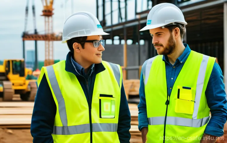 건설안전 실무자를 위한 신기술 도입 사례 - **Prompt: "A diverse team of construction workers on a bustling, modern building site, equipped with...