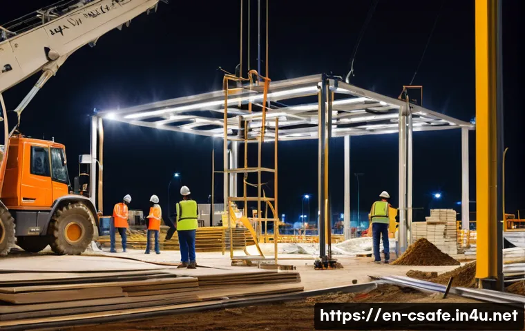 건설안전 기사와 산업안전기사 차이 - **Prompt:** A bustling, modern construction site at dusk. The scene features diverse male and female...