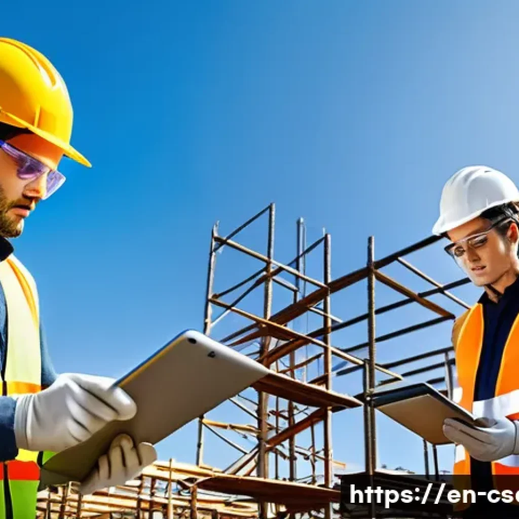 건설안전 전문가를 위한 강의 추천 - A detailed construction site scene showing diverse workers wearing appropriate personal protective e...