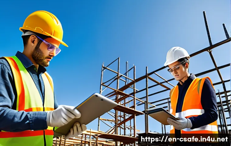건설안전 전문가를 위한 강의 추천 - A detailed construction site scene showing diverse workers wearing appropriate personal protective e...