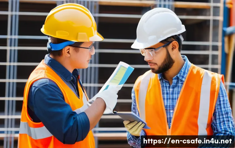 건설안전기사 필기시험으로 자주 등장하는 주제 - A detailed construction site scene showing a diverse group of workers wearing full personal protecti...