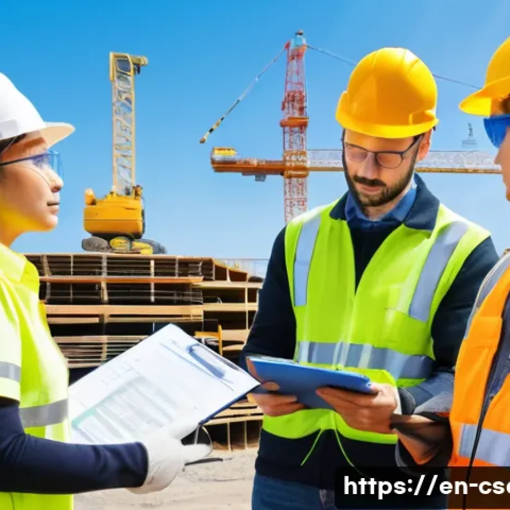 건설안전기사 실기시험 준비를 위한 필수 정보 - A construction site safety training scene showing diverse workers wearing full personal protective e...