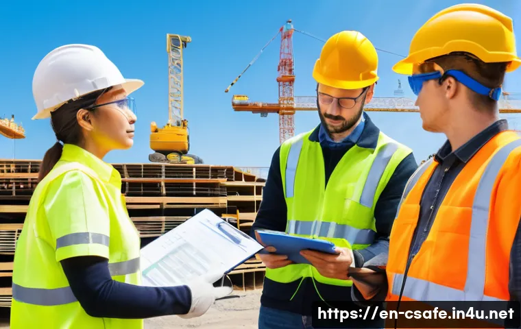 건설안전기사 실기시험 준비를 위한 필수 정보 - A construction site safety training scene showing diverse workers wearing full personal protective e...
