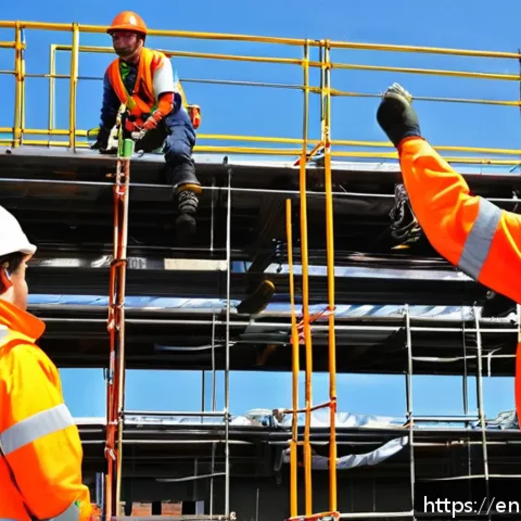 건설안전 실무를 위한 필수 법규 - A detailed construction site scene showing diverse workers wearing properly fitted fall protection h...