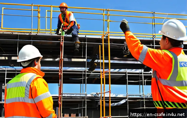 건설안전 실무를 위한 필수 법규 - A detailed construction site scene showing diverse workers wearing properly fitted fall protection h...