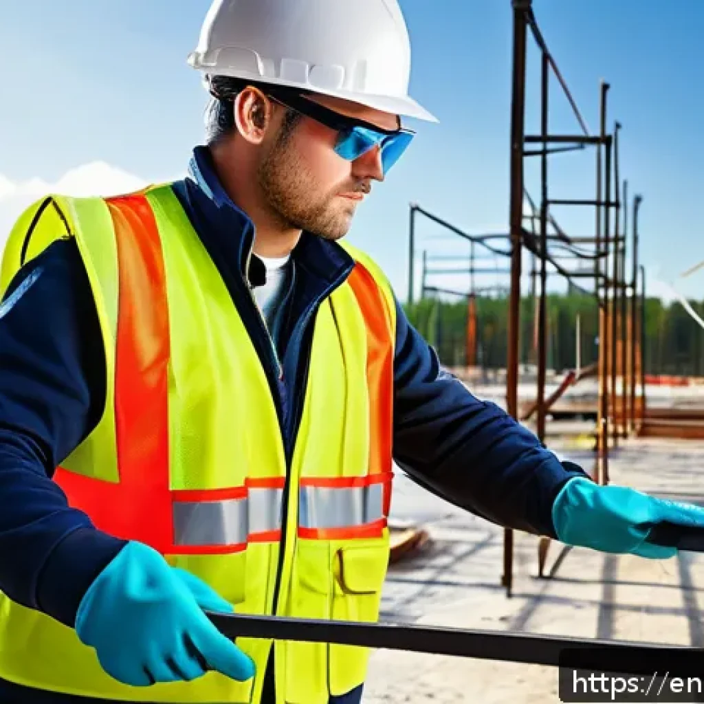 건설안전기사 실기에서 필요한 장비 준비 - A detailed construction site scene featuring a male worker wearing a high-quality ANSI-certified har...