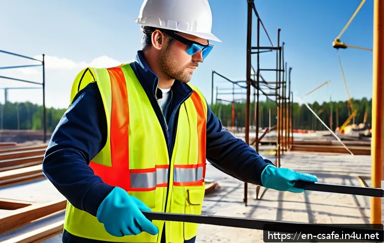 건설안전기사 실기에서 필요한 장비 준비 - A detailed construction site scene featuring a male worker wearing a high-quality ANSI-certified har...