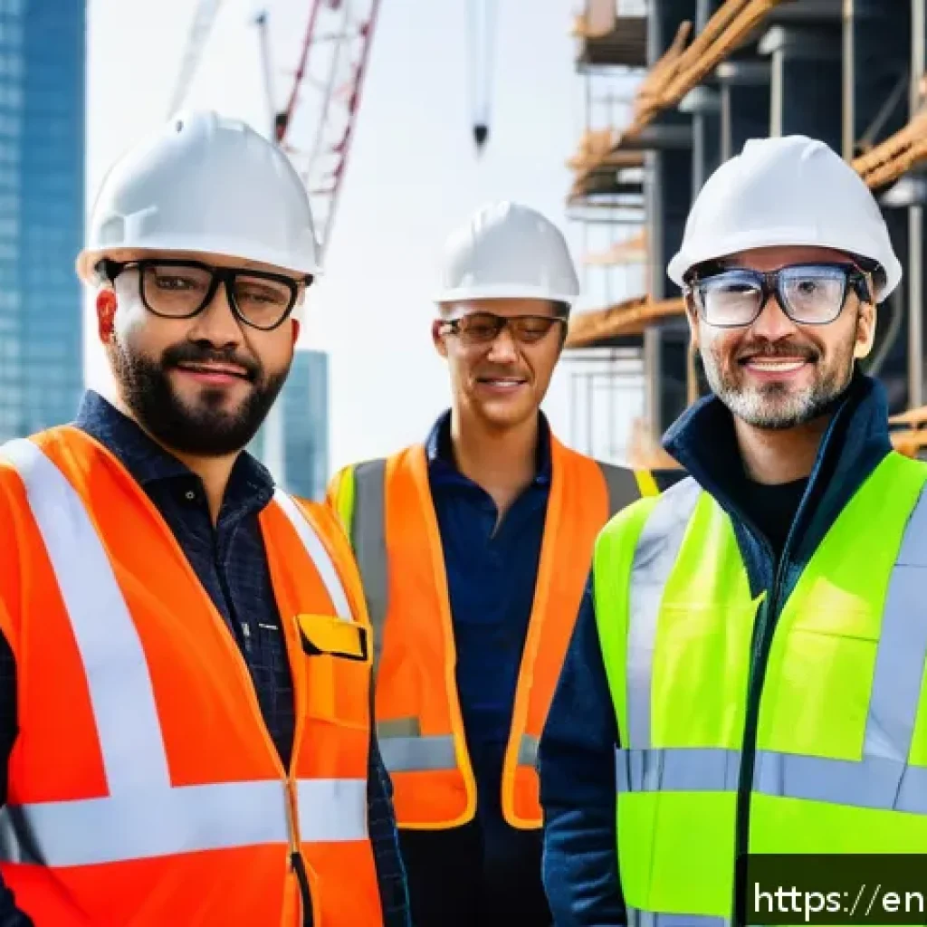 건설안전기사 자격증의 해외 취업 활용도 - A diverse group of certified construction safety professionals wearing branded safety vests and hard...