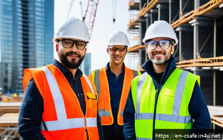 건설안전기사 자격증의 해외 취업 활용도 - A diverse group of certified construction safety professionals wearing branded safety vests and hard...