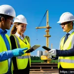 건설안전 전문가를 위한 자격증 추가 취득법 - A diverse group of construction safety professionals gathered around a digital touchscreen table dis...