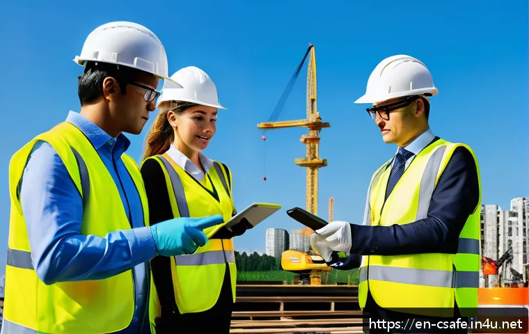 건설안전 전문가를 위한 자격증 추가 취득법 - A diverse group of construction safety professionals gathered around a digital touchscreen table dis...