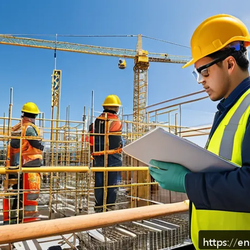 건설안전기사 기출문제 분석 및 공부법 - A detailed construction site scene showing diverse workers wearing full personal protective equipmen...