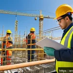 건설안전기사 기출문제 분석 및 공부법 - A detailed construction site scene showing diverse workers wearing full personal protective equipmen...