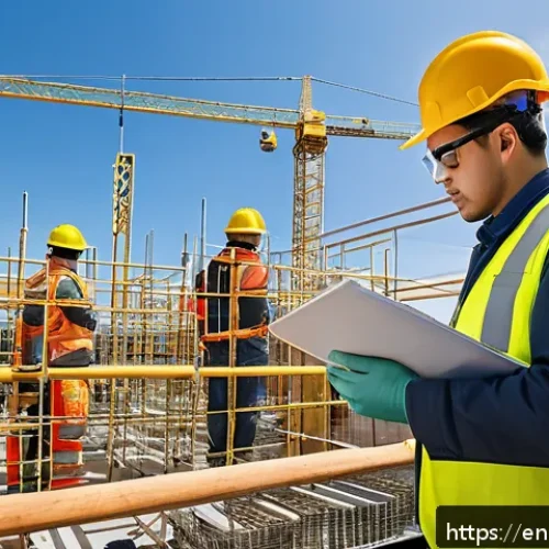 건설안전기사 기출문제 분석 및 공부법 - A detailed construction site scene showing diverse workers wearing full personal protective equipmen...