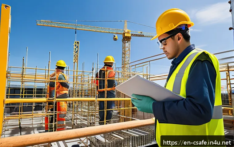 건설안전기사 기출문제 분석 및 공부법 - A detailed construction site scene showing diverse workers wearing full personal protective equipmen...