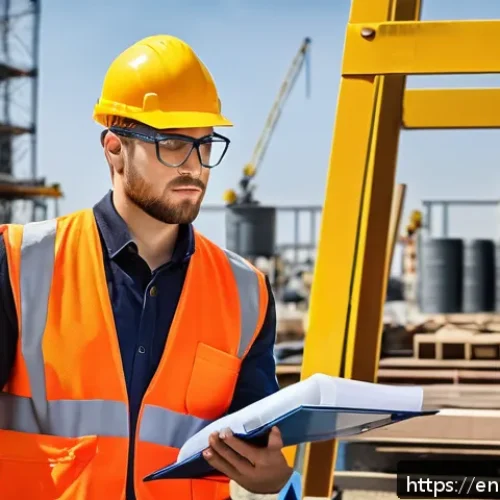 건설안전기사 실기에서 자주 나오는 문제 - A detailed construction site scene showing a safety officer conducting a thorough hazard identificat...