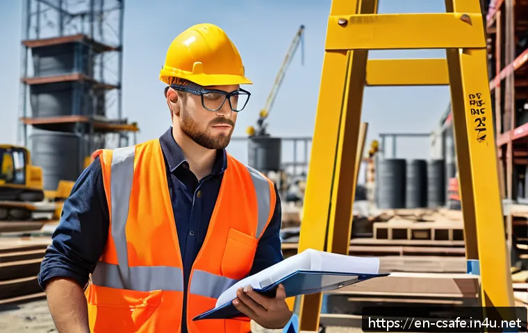 건설안전기사 실기에서 자주 나오는 문제 - A detailed construction site scene showing a safety officer conducting a thorough hazard identificat...