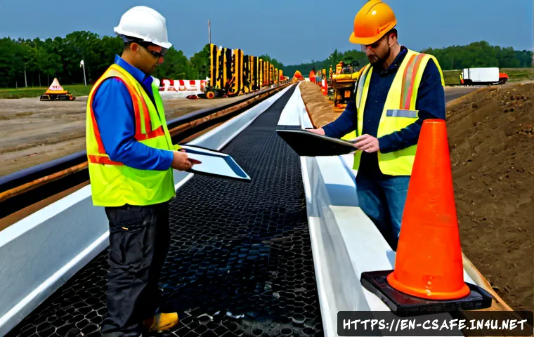 Home 17 건설현장 안전사고 예방 사례 - Photorealistic construction site safety prevention scene, a diverse crew in clean high-visibility ve...