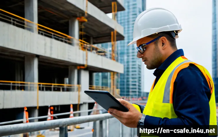 건설안전 실무자를 위한 해외 기술 정보 - Photorealistic construction safety professional in a high-visibility vest, hard hat, safety glasses,...