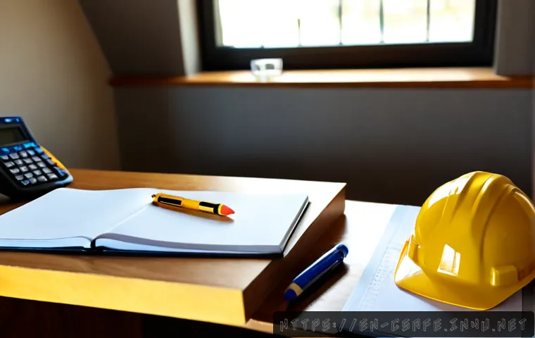 Home 30 건설안전기사 공부를 위한 효과적인 환경 설정 - Photorealistic home study workspace for a construction safety certification exam, sturdy wooden desk...