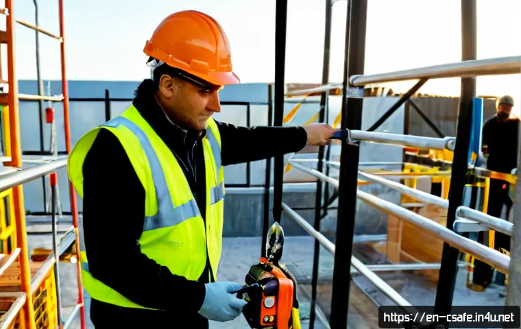 건설안전 실무 경험 공유 블로그 - Photorealistic construction safety inspection at a commercial building site, experienced safety mana...