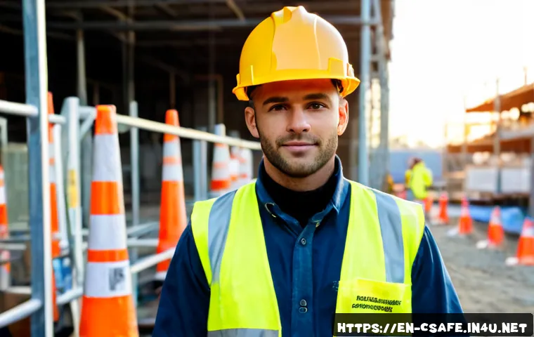 건설안전 기사 실기 합격생 인터뷰 - Photorealistic interview-style portrait of a confident American construction safety certification pr...